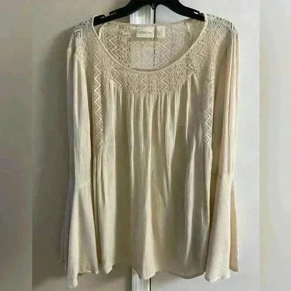 Chicos blouse pop‎ over bell sleeves boho beige Large